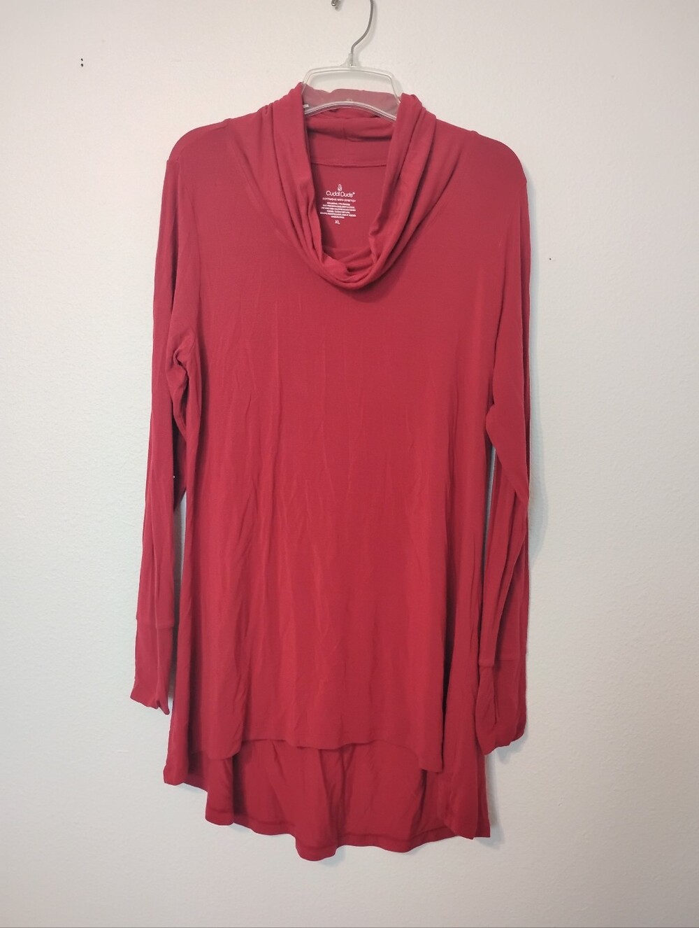 Cuddl Duds Softwear Stretch Red Tunic Top Long Sleeve With Thumbhole Cowl Neck